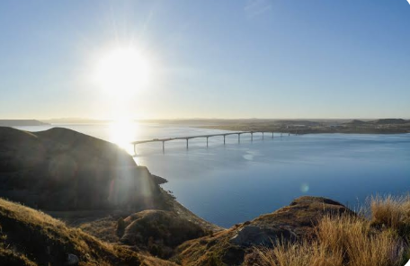 Four Bears Bridge at sunrise over Lake Sakakawea